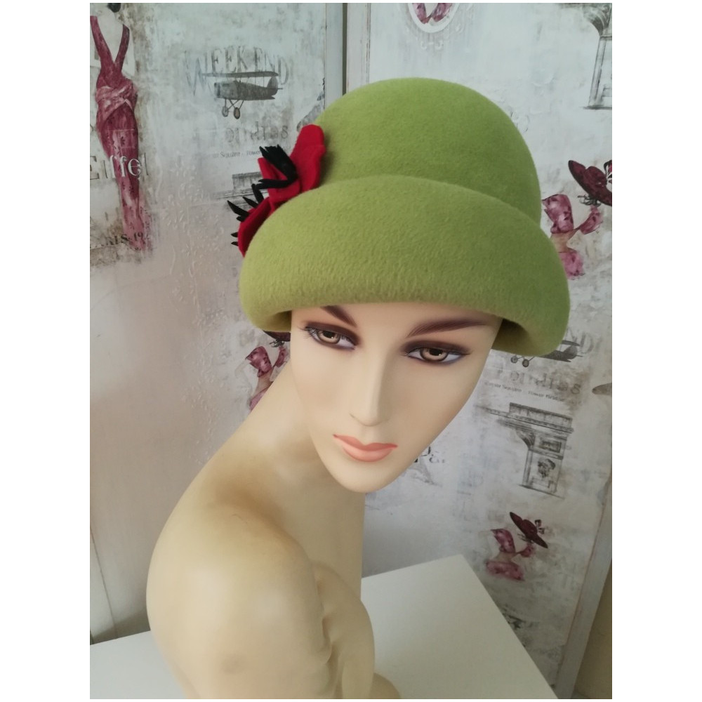 Pollina- zielony welur kapeluszo toczek Vintage 54-57 cm