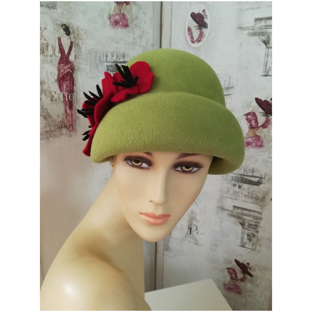 Pollina- zielony welur kapeluszo toczek Vintage 54-57 cm