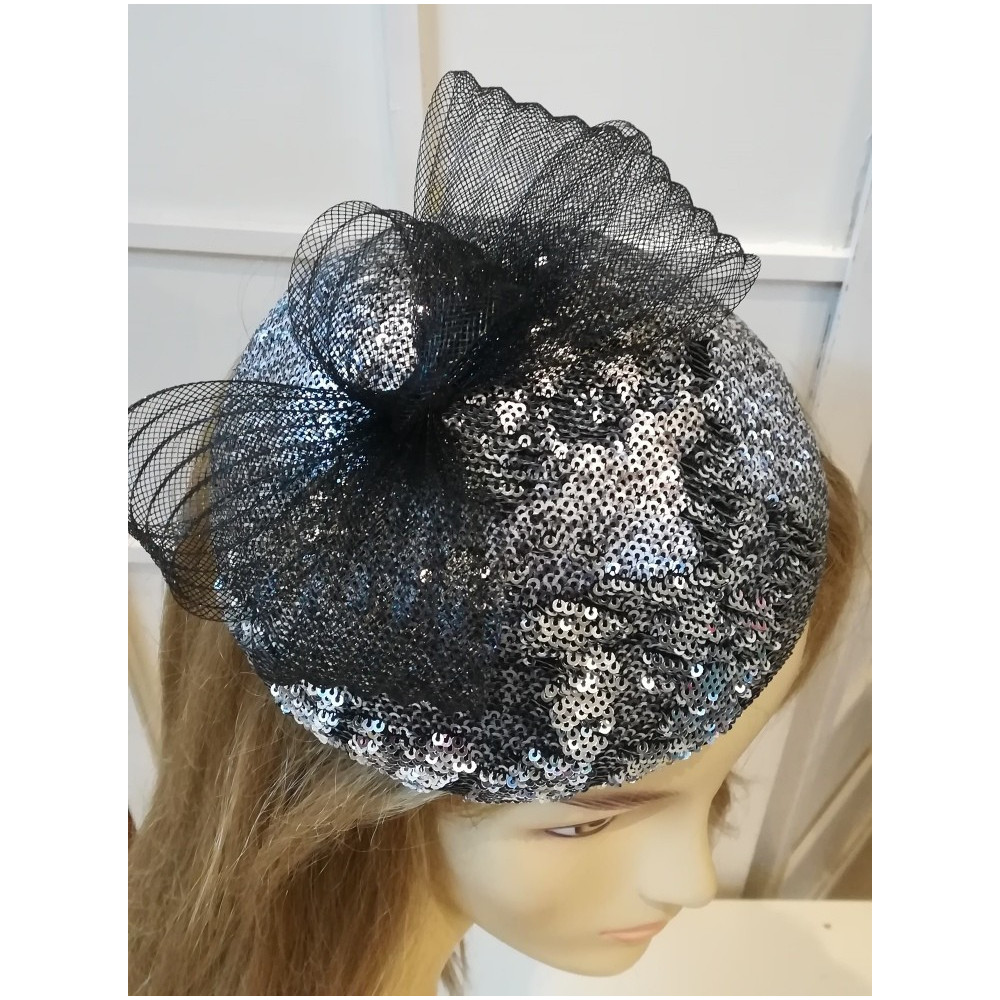 Czarno srebrne cekiny mat mini toczek fascynator