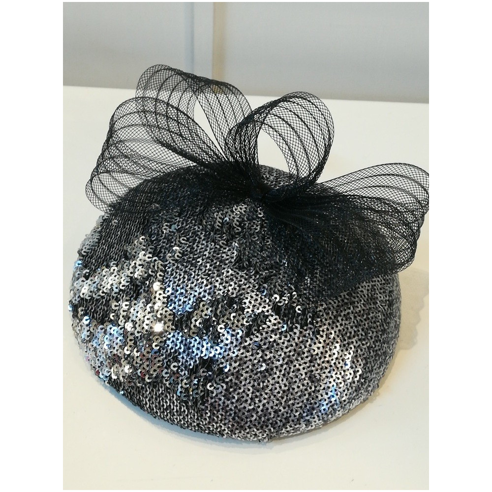Czarno srebrne cekiny mat mini toczek fascynator
