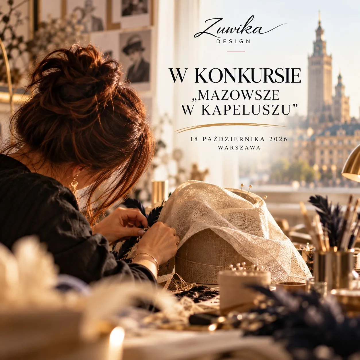 Modystka w pracowni, widziana od tyłu, pracuje nad kapeluszem z jasnej siateczki i ciemnych piór; za oknem panorama Warszawy z Pałacem Kultury i Nauki. Napis: Zuwika Design, W konkursie „Mazowsze w kapeluszu”, 18 października 2026, Warszawa.